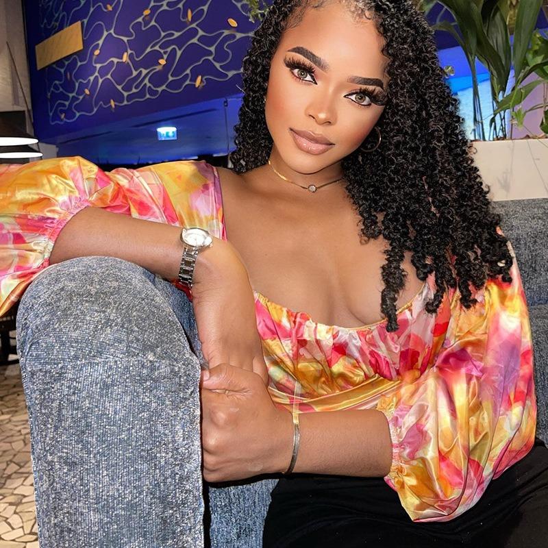 Summer Women's Sexy U Neck Wrap Printed Lantern Sleeve Neckless Pullover Stretchy Loose Top