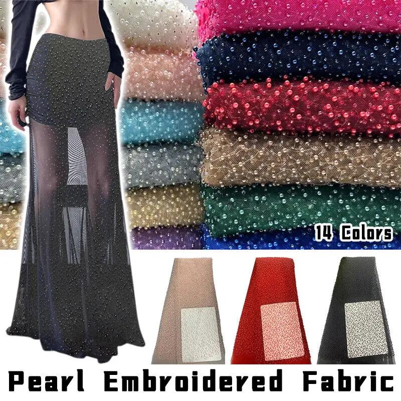 90x125cm Luxury Embroidery Pearl Sequin Loose Bead Fabric DIY Handmade Dress Material High Quality Handmade Pearl Beads Mesh