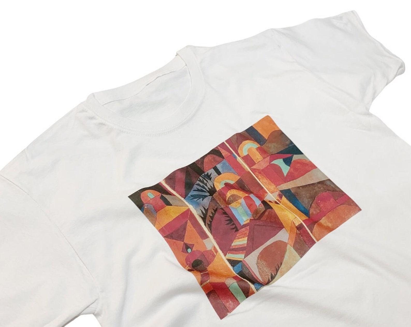 Paul Klee Temple Gardens Vintage Abstract Art T-Shirt Burgundy Colours Aztec Design Top 2XL