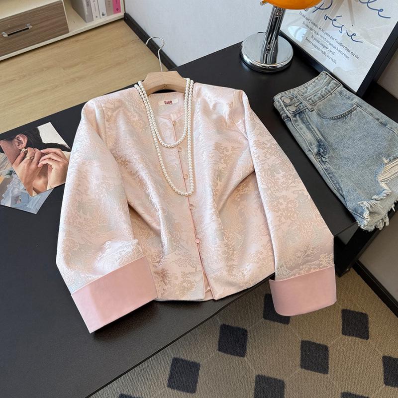 Real Silk Retro Jacquard Satin Plus Size Coat for Middle-Aged Women Small розовый