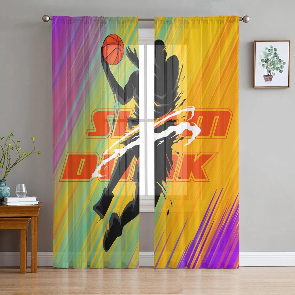 Ink Splash Basketball Sport Sheer Curtains Window Tulle Curtains For Living Room Bedroom For Kitchen Veiling Curtains Decoration