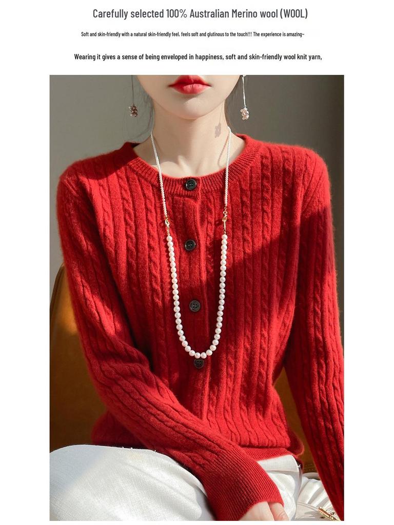 Women's Loose Twist Stitch Wool Cardigan Sweater - Red Round Neck, New Year 2024 Edition.