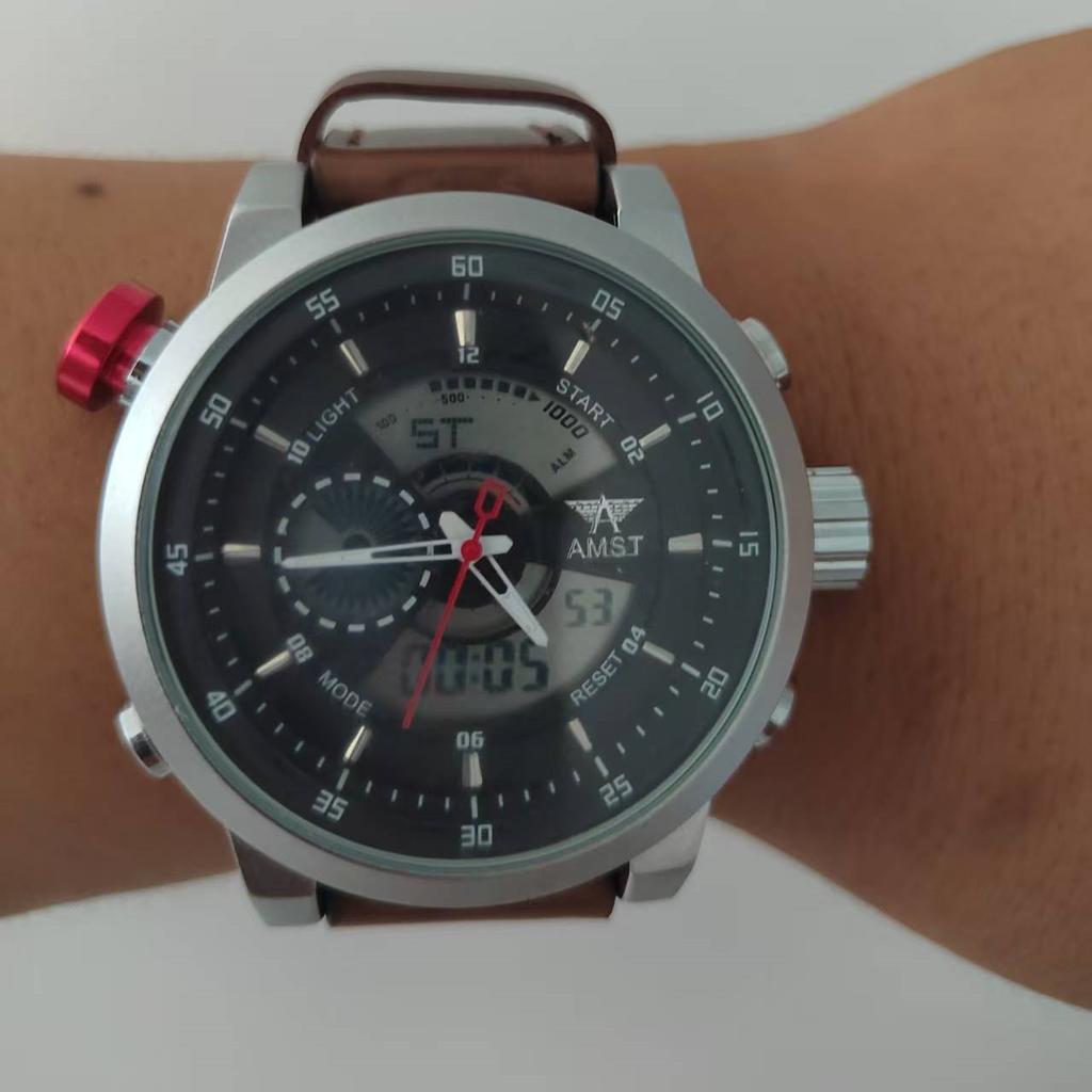 NEW AMST Luxury Brand Men's Quartz LED Watches Men Fashion Casual Sports Clock Genuine Leather Military Wrist Watch