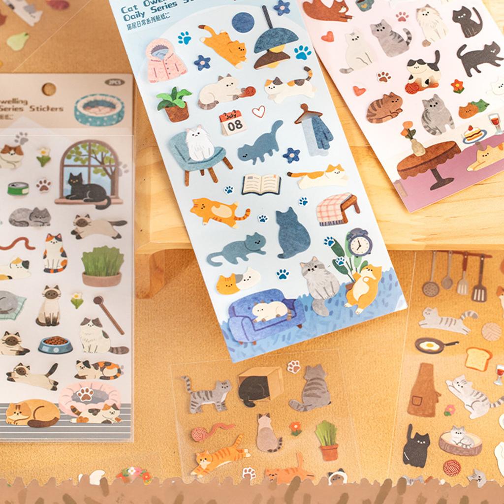 Cartoon Kitten Animal Sticker Adhesive Paper PVC Sticker for Scrapbooking Journal Phone Decoration Classroom Rewarding