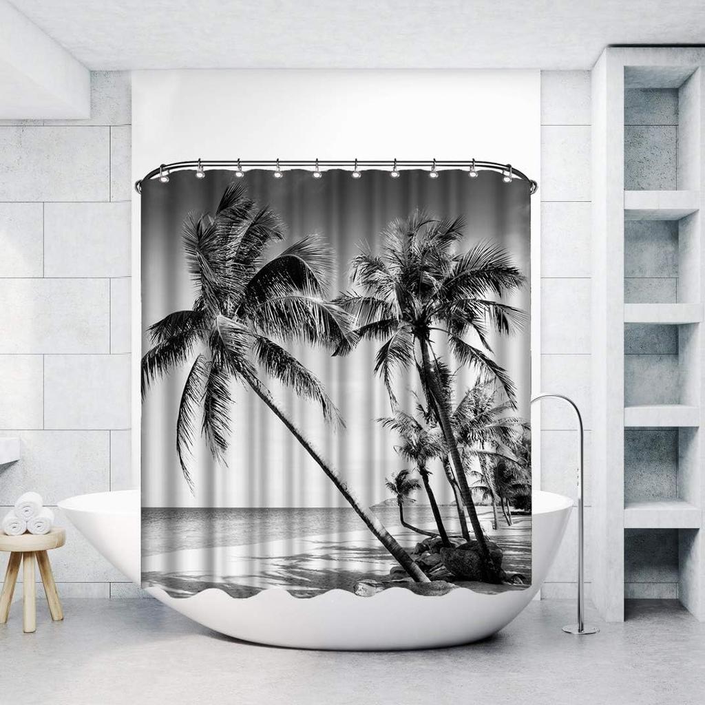 Beach Shower Curtain Tropical Palm Tree Landscape Black And White Waterproof Fabric Curtain Decoration With 12 Hooks