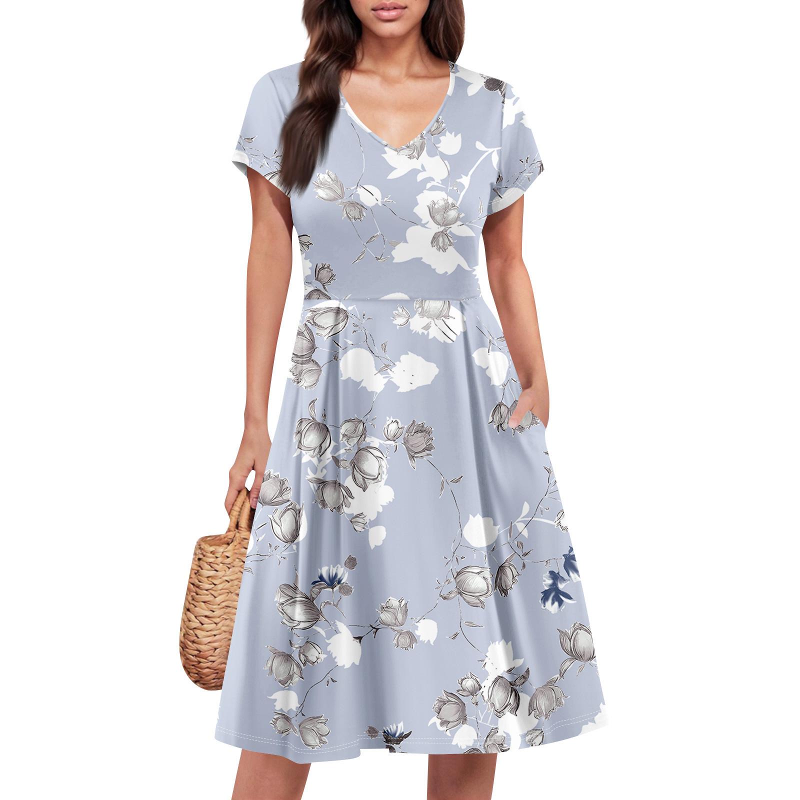 

Женское летнее платье с коротким рукавом, V-образным вырезом, короткое, модное, повседневное, летящее, А-силуэта, платье-сарафан с карманом M