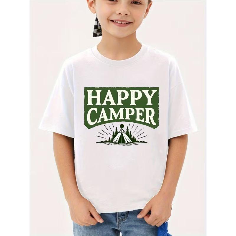 European size Boys crew-neck short-sleeved T-shirt with camping-themed pattern print