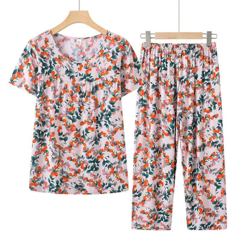 Women Loose Fit Suit Flower Printed Women's Top Pants Set with Retro Style Elastic Waist Breathable Fabric 2 for Grandmother's