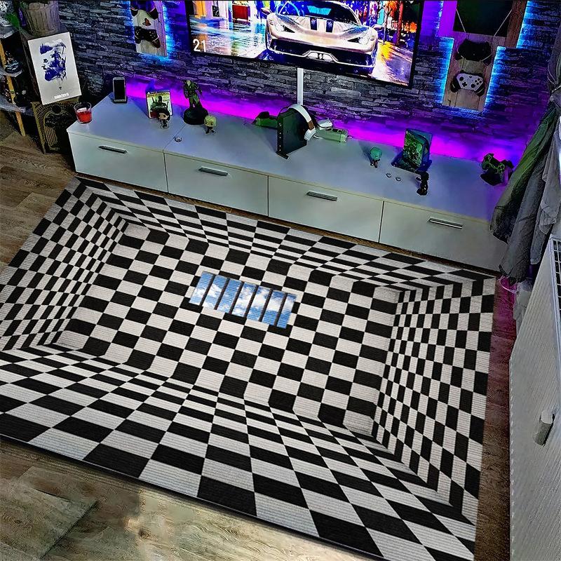 Optical Illusion 3D Abstract Checkered Wave Spiral Mat Visual Impact Non-slip Carpet Rug for Gaming Living Room Home Decoration