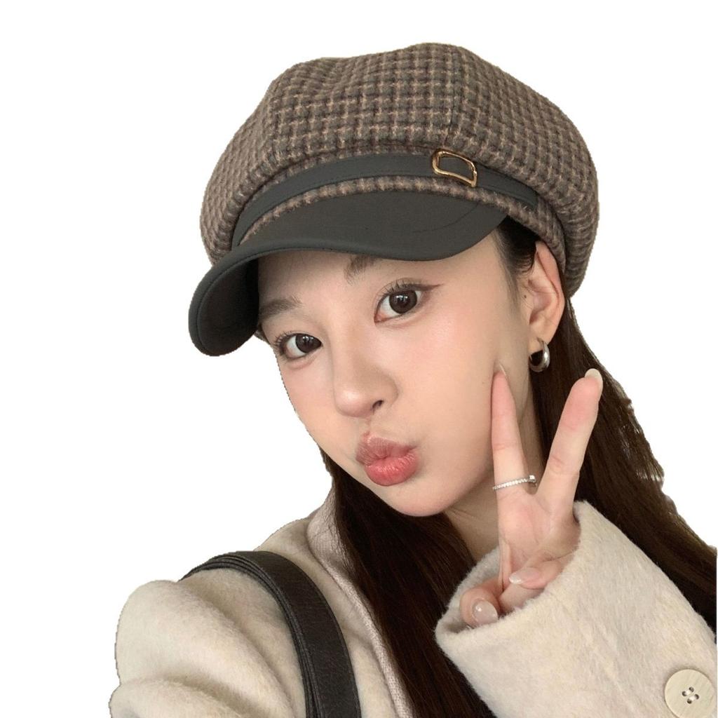 Octagonal Hat Women's Leather Hat Eaves Hong Kong Style Fashion Temperament Elegant Autumn and Winter Beret Versatile New Bud Painter Hat