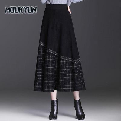 Women Midi Knitted Skirts Female Skirt High Waist Thicken Solid Slim Mid-length A-line Skirt Faldas