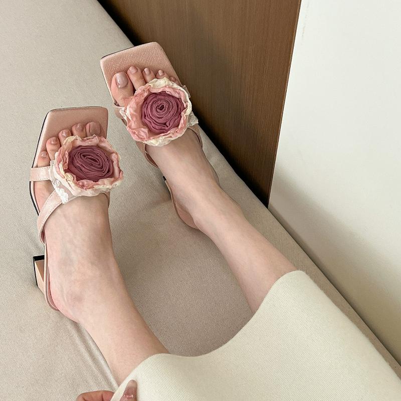 Fashion Designer Flower High Heels Women Slippers Bead Heeled Sandals Woman Shoes Summer 2025 Trend Fashion Pumps Elegant Mujer Zapatos