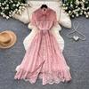 French celebrity style pink lace dress women's summer short-sleeved lapel waist A-shaped skirt temperament