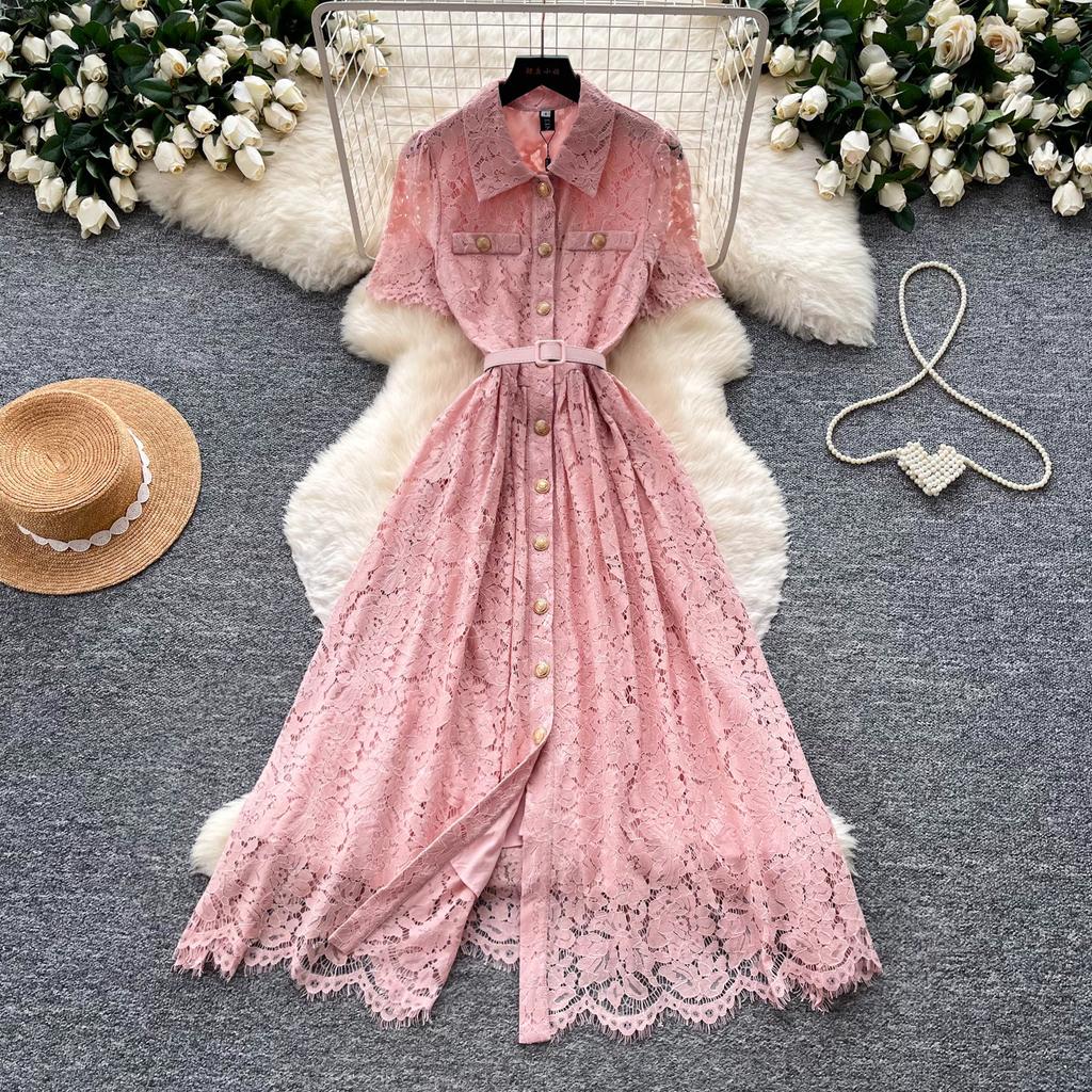 French celebrity style pink lace dress women's summer short-sleeved lapel waist A-shaped skirt temperament