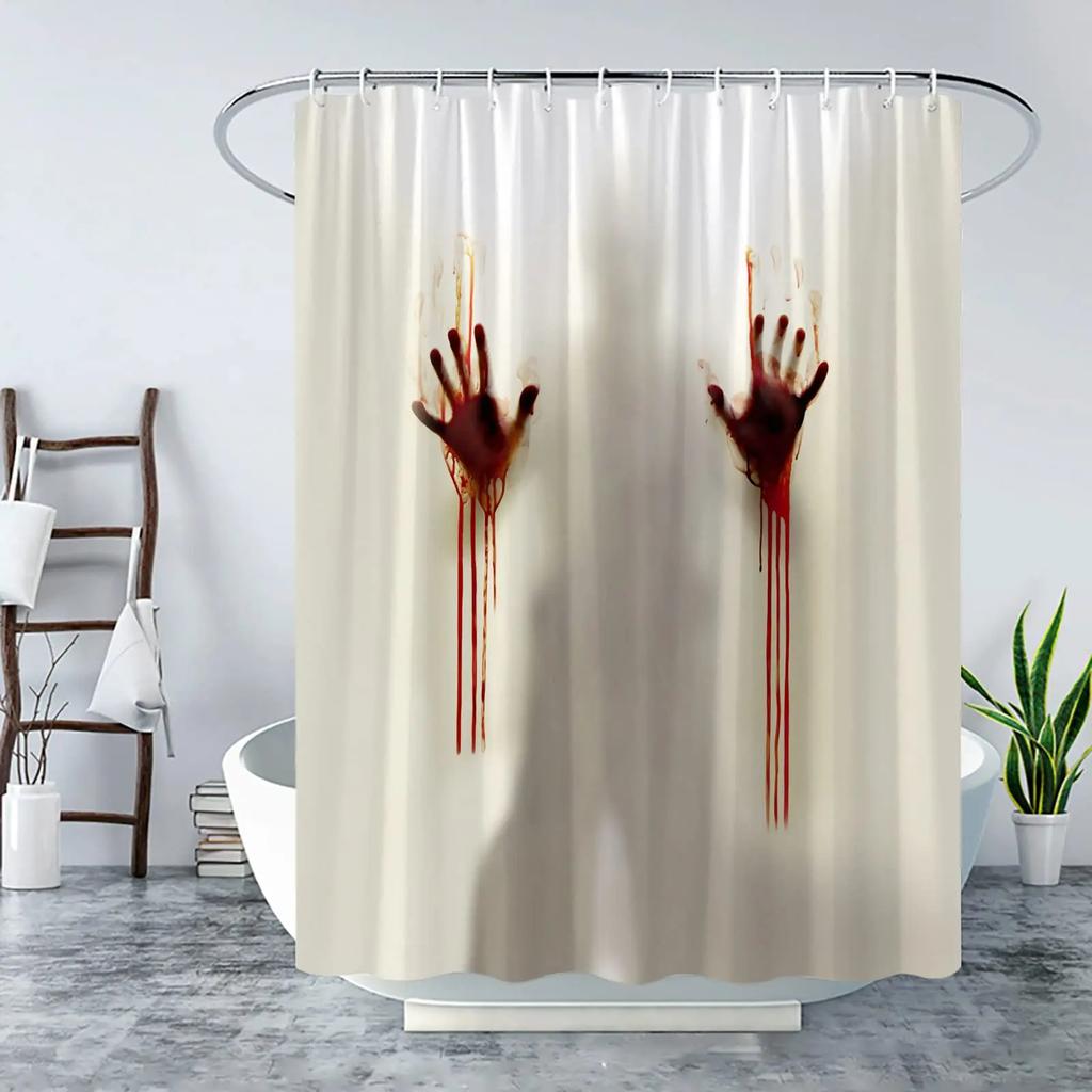 Halloween Shower Curtain Waterproof Bathroom Curtains Horror Bloody Hands Bath Curtain With Hooks For Help Me Scary Home Decor