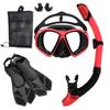 Adult Snorkeling Set: Tempered Glass Diving Mask, Full Dry Snorkel, Fins - Three-Piece Kit