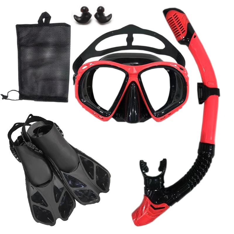 Adult Snorkeling Set: Tempered Glass Diving Mask, Full Dry Snorkel, Fins - Three-Piece Kit