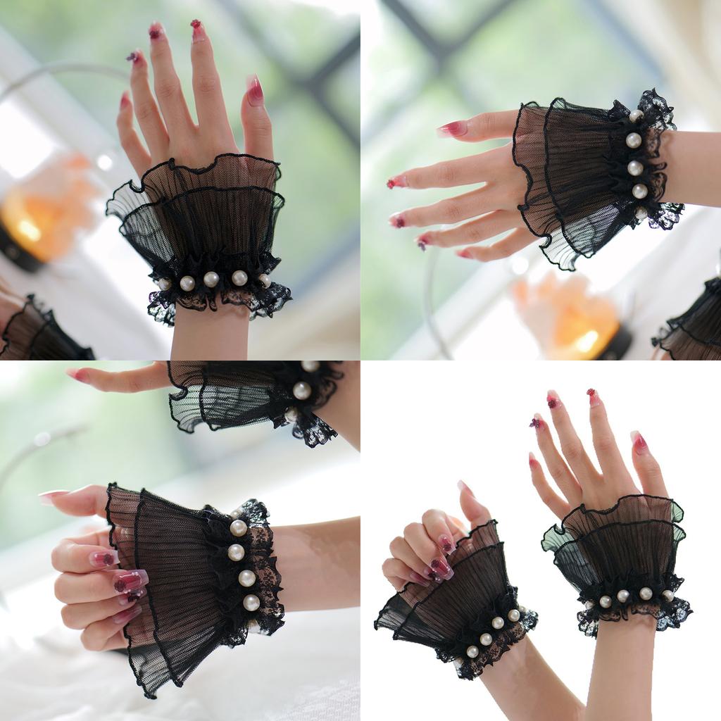 Elegant Pearl Decors Hand Sleeves Ruffle Lace Arm Sleeves Korean Wrist Cuffs For Weddings Parties And Photography