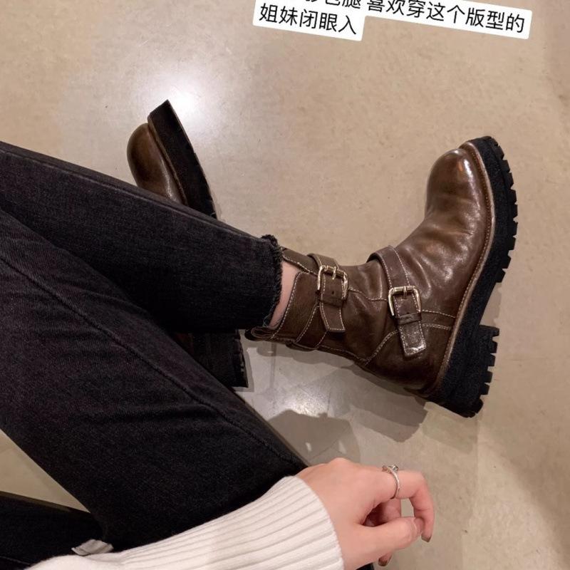 Schuhe Gewaschenes Schrumpfleder Schnalle Seitlicher Reißverschluss Grober Absatz Martin Stiefel Damen Herbst