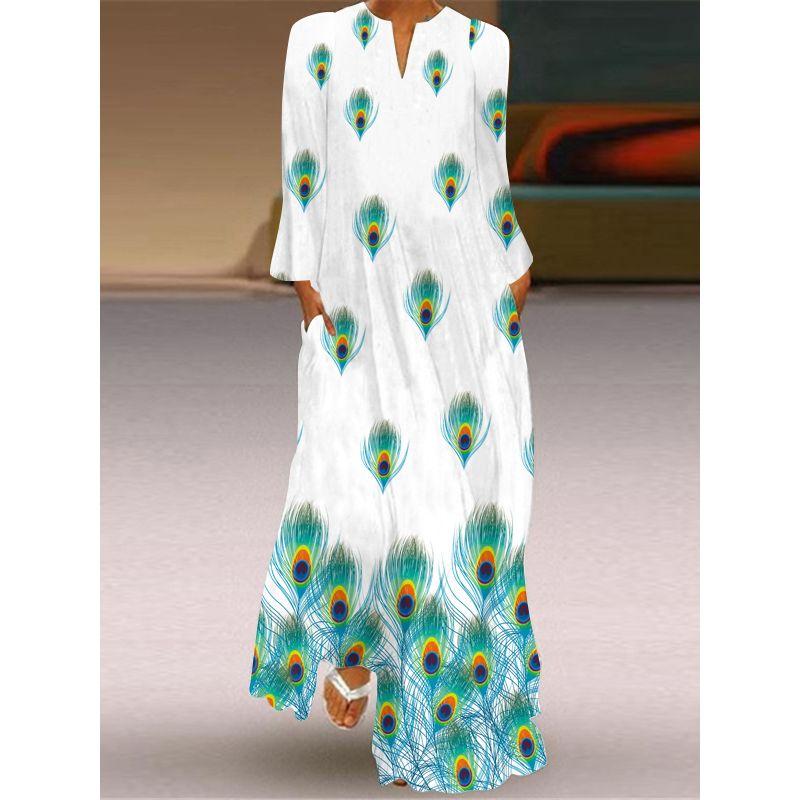 2025 Autumn New Women's 3D Print Long Dress V Neck Long Sleeves Pocket Dress Stage Show Performance Costume