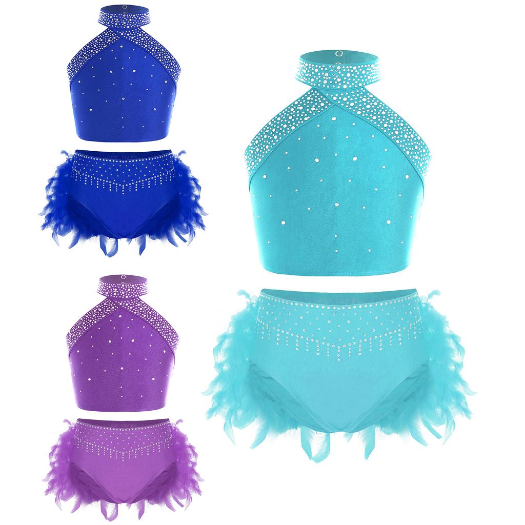 Girls Dance Performance Outfit Halter Neck Sleeveless Backless Vest with Sparkly Rhinestones Feather Briefs