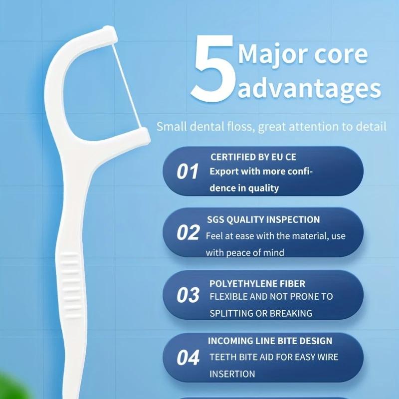 50Pcs 7.5×2.2cm Dental Floss Picks - High Tensile Polyethylene Fiber Floss with Anti-Slip Handle & Curved Hook Design,