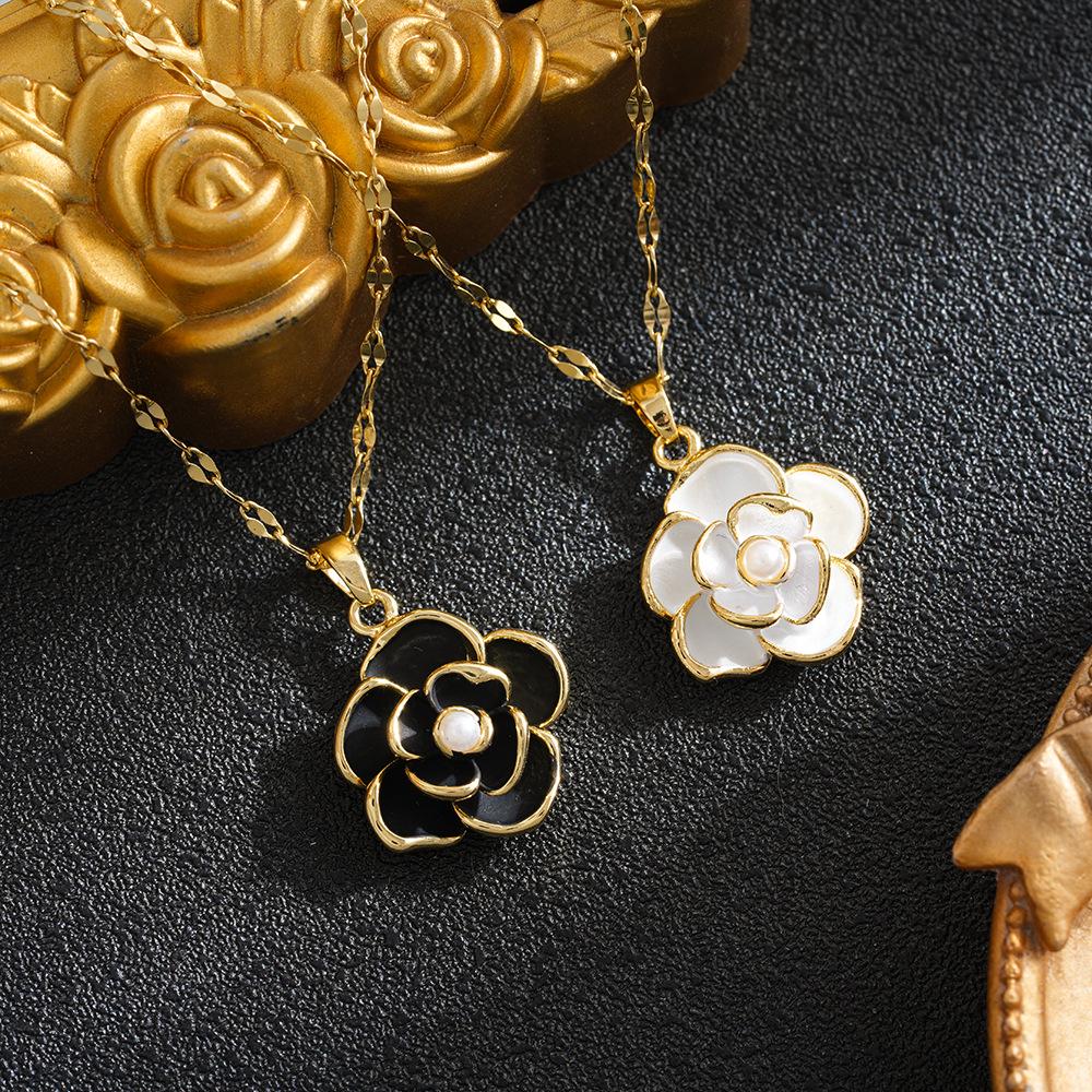Drip Oil Pearl & Rose Flower Choker Necklace - Black & White Fashion Design for Women