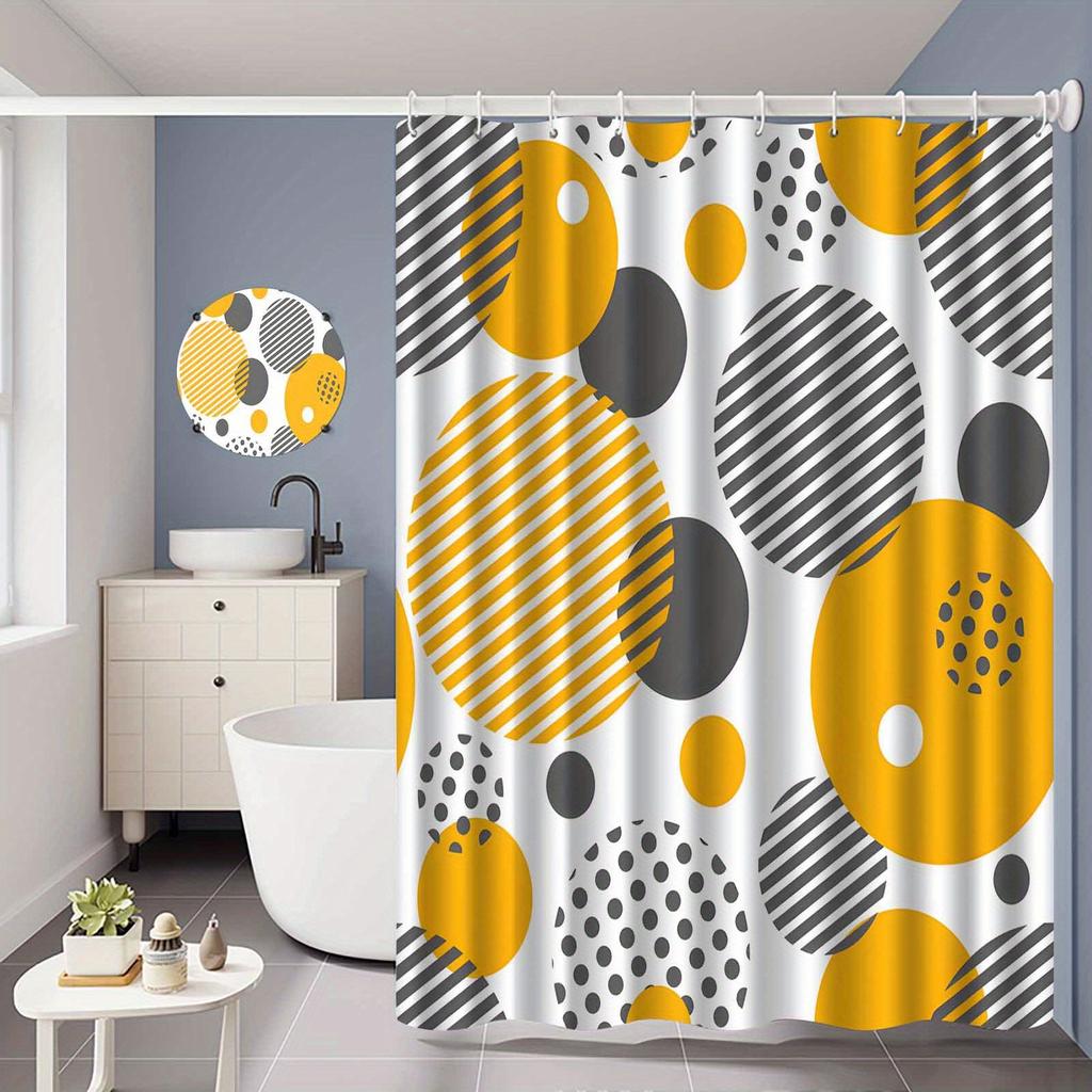 1pc Modern Circular Geometric Pattern Shower Curtain, Polyester Fabric, with Hooks, Suitable for Bathroom Décor.
