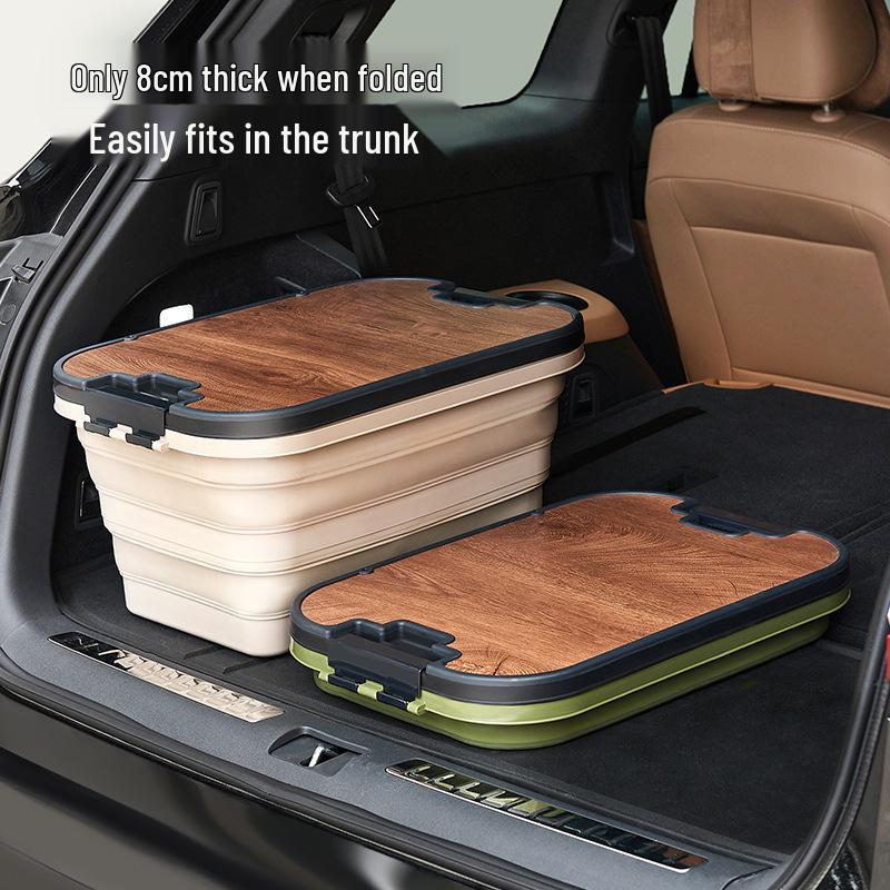 Outdoor Folding Picnic Basket with Wooden Lid - Multifunctional Storage Box for Camping or Car Use