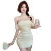 Apricot pure desire wind one-word shoulder dress, summer new Spice Girl small short waist and thin hip skirt