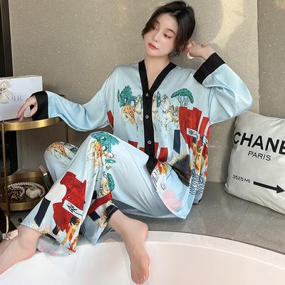 Ice Silk Pajamas Women's Spring And Autumn Long Sleeved Cardigan High Quality Printing Suit Pyjamas