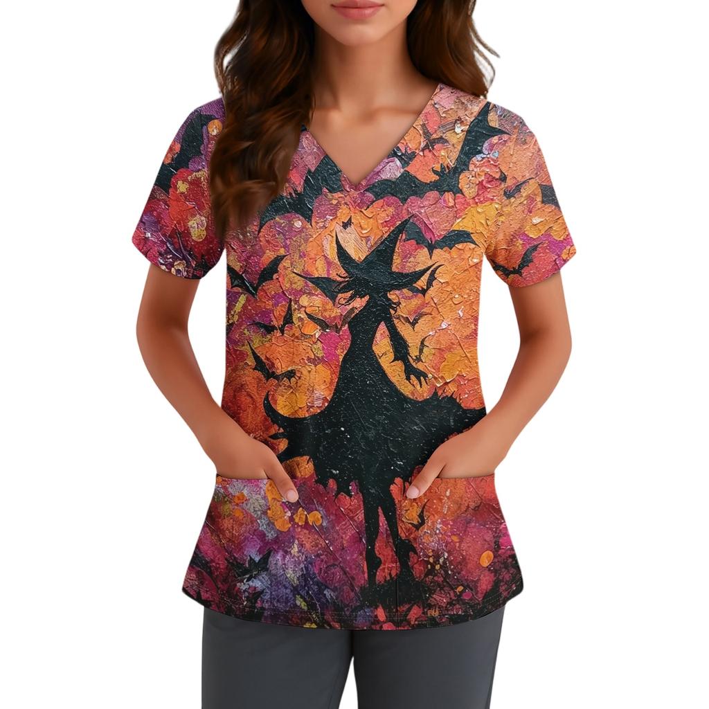 Women V Neck Short Sleeve Printed Top with Pockets Halloween Pattern Comfortable Fit for Healthcare Professionals