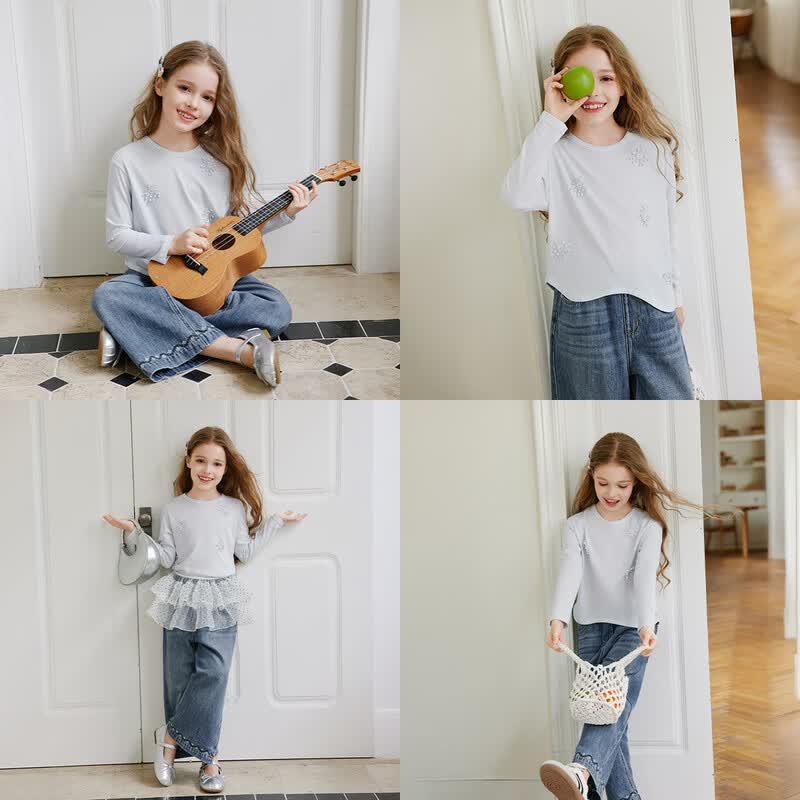 Xiangying Girls' Floral Embroidered Crew Neck Long-Sleeve Cotton-Blend T-Shirt
