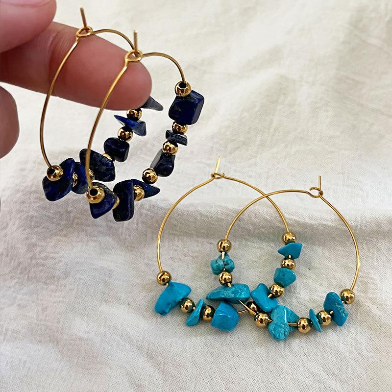 Vintage Bohemian Exaggerated Colored Natural Stone Stainless Steel Hoop Earrings For Women