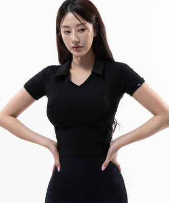 Pijikeolgameoncheu P5018 Women'S Modal Spandex Collared Crop Short Sleeve [Black]