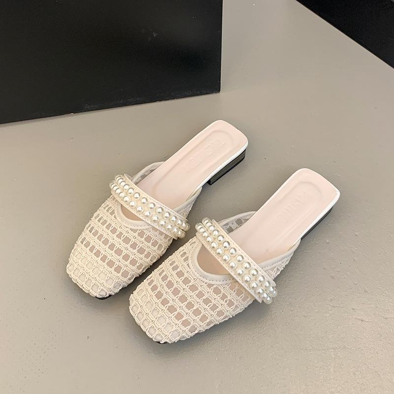 

Корейская версия сандалии с сеткой, женские 2025 лето, взрыв, мелкий вырез, удобная плоская подошва, дырки, Мэри Джейн, сумка-голова, шлепанцы 40 бежевый