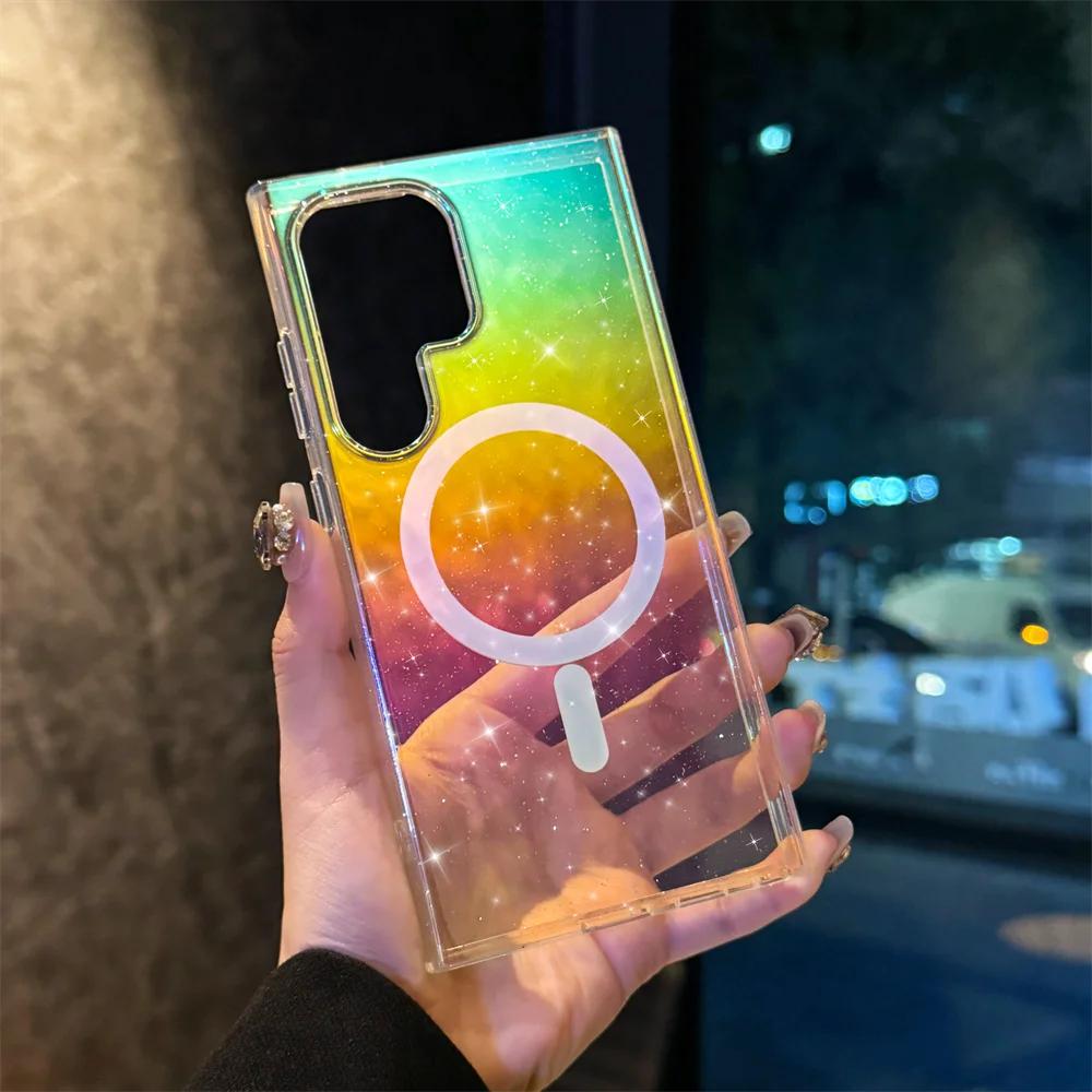 Glitter Aurora for  Acrylic Case for Samsung Galaxy S2 S24 S26 Ultra S23 S24 FE S22 Plus Magnetic Laser Gradient Cover