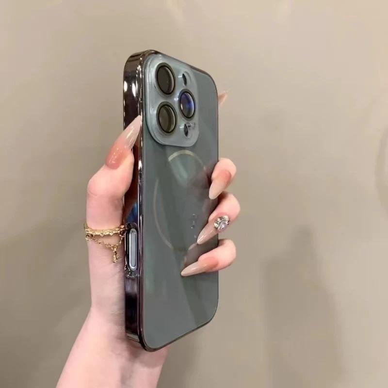 Glossy Tempered Glass Luxury Magnetic Phone Case For IPhone 16 15 14 13 12 11 Pro Max Lens Protect Back Cover For Magsafe