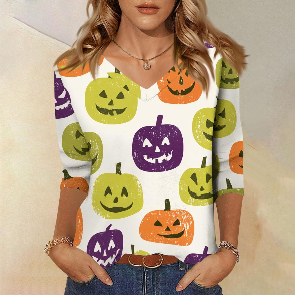 Women's Casual Halloween Print V Neck Three Quarter Sleeve Top Lightweight Loose Fit Pullover Shirt for Fall Seasonal Wear