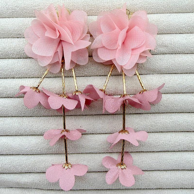Elegant Purple Korean Style Tassel Chiffon Flower Drop Earrings for Women розовый