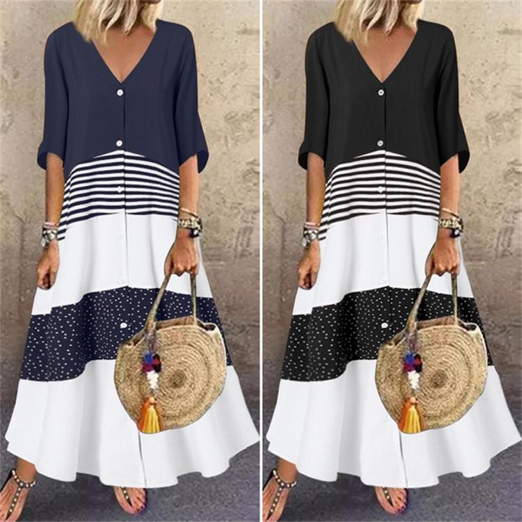 European & American V-Neck Short-Sleeve Printed Long Dress with Buttons - 2022 Summer Collection