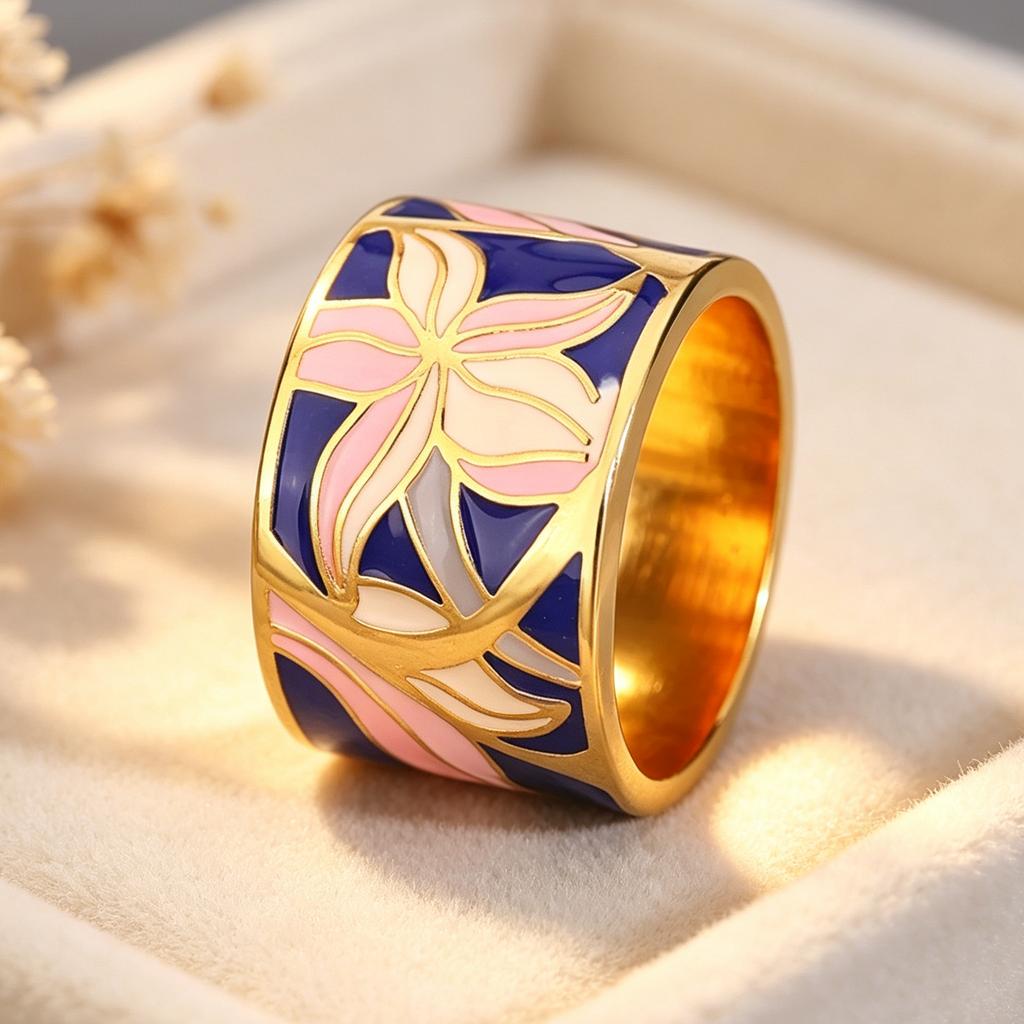 Broadband Enamel Colorful Floral Pattern Ring Retro Bohemian Party Jewelry Gift