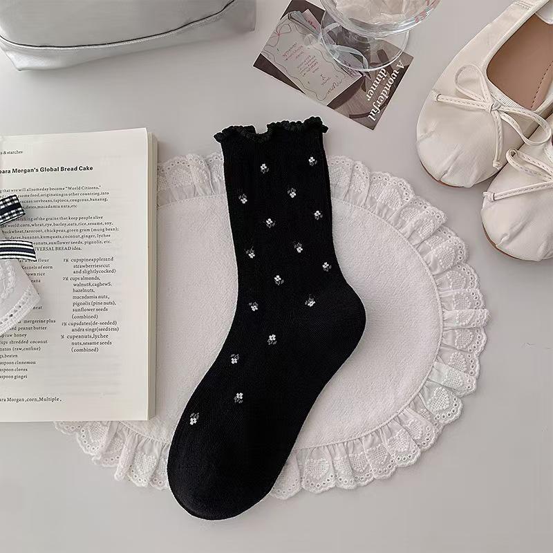 Spring 2026 Floral Mesh Breathable Cotton Socks for Women - Japanese Style, Seamless with Bubble Cuff, Mid-High Tube