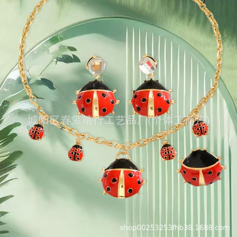 Colorful dripping oil six star ladybug pearl necklace earrings niche insect beetle outfit women