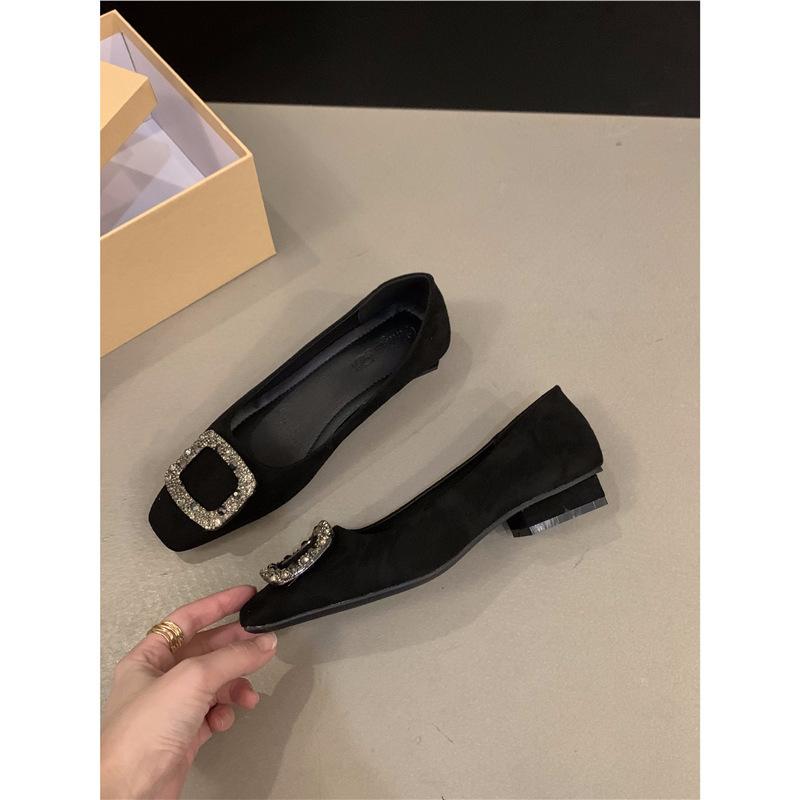 

Женские туфли-лодочки на высоком каблуке с квадратным носком и стразами, обувь 2025, новая осенне-зимняя коллекция, черные темпераментные туфли на толстом каблуке для работы 40