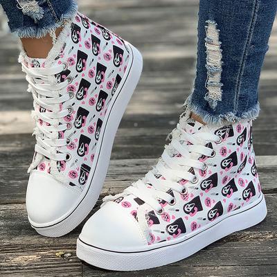 Women's Board Shoes Printed Large Size High-top Canvas Shoes Flat-soled Lace-up Casual Shoes