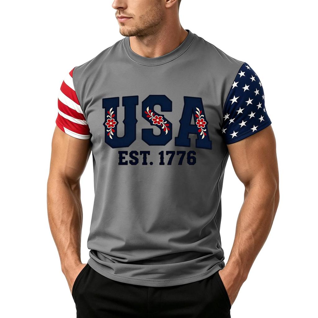 Men's Independence Day Flag Print Short Sleeve T-Shirt, Loose Casual Daily Summer Tops
