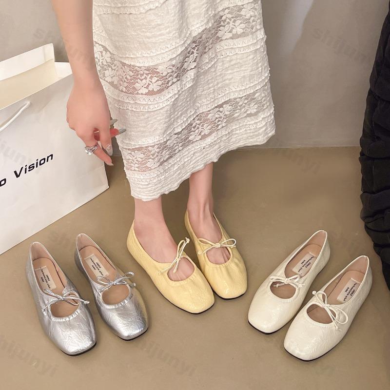 Fashion Women Ballet Flat Shoes 2025 Summer Square Toe Bow Women Loafers Shoes Lace Up Sandals Soft Casual Shoes Mujer De Zapatillas