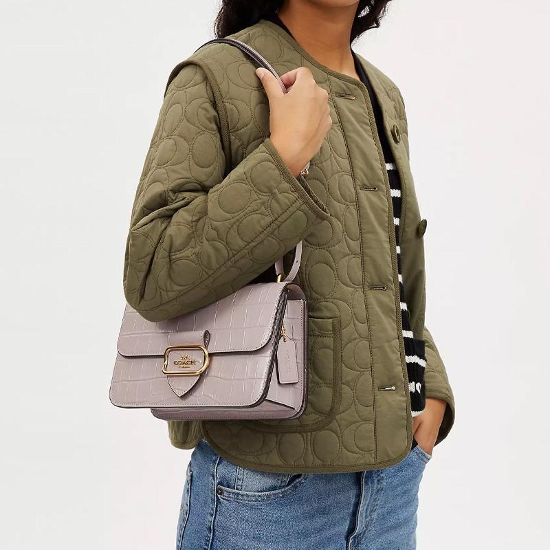 Coach Morgan 25 Nameplate Crocodile Pattern Flap Leather Small Shoulder Crossbody Bag Medium Women bags Gold Gray CM204-IMC2J