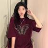 Wine Red Women's Loose Fit Retro Cotton T-Shirt - Summer 2025 Collection